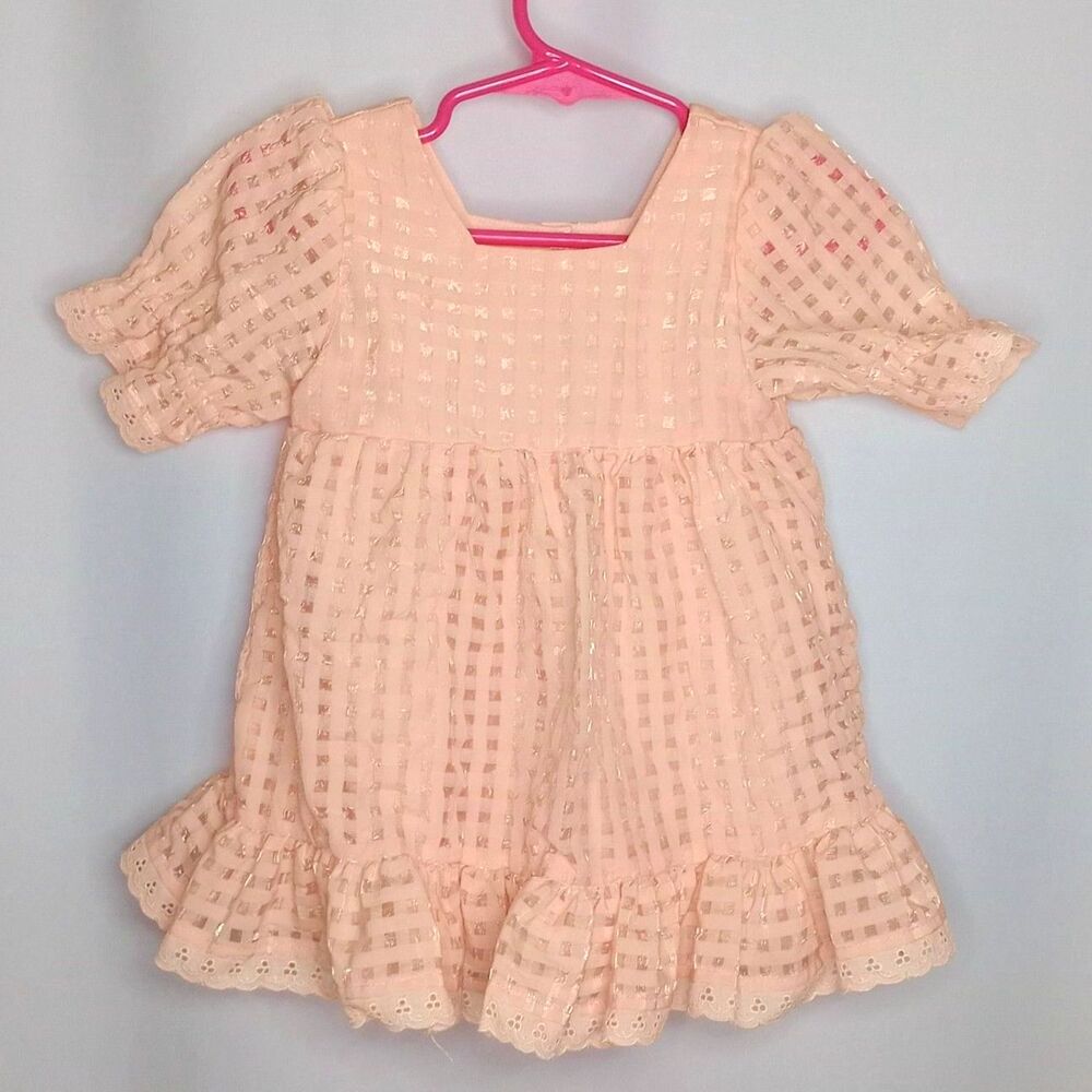 Wonder Nation Dress Short Slve Ruffle Lace Lined Peach Baby Girls Infant 6-9 M
